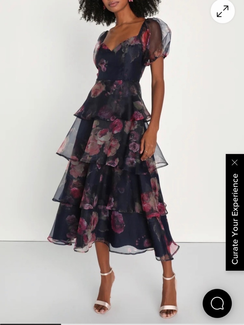 Lulu's Navy Floral Tiered Midi Dress with Puff Sleeves and Pink Blooms